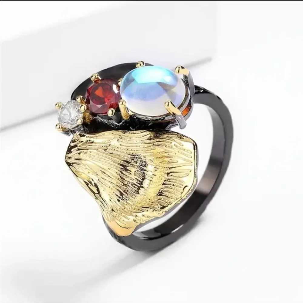 925 Hand crafted Gothic Black Moonstone Zircon Ring unisex